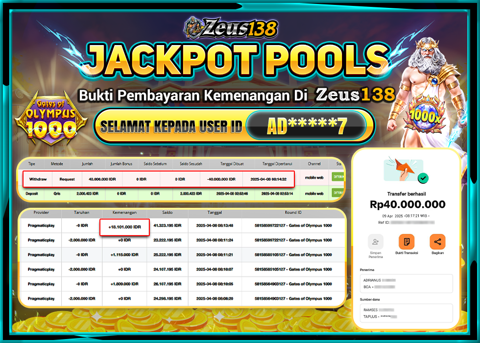 ZEUS138 GATES OF OLYMPUS 1000  Rp.40.000.000,- LUNAS